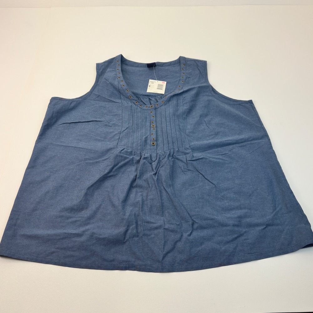 Basic Editions Womens Plus 2X Blue Grommet Pintuck Cotton Tank Top New With Tags